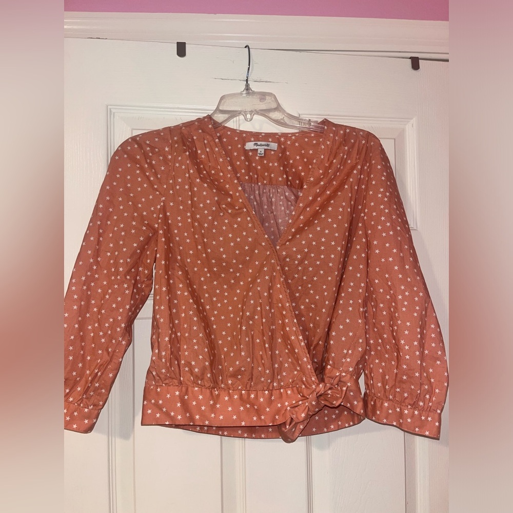 Madewell Star Scatter Wrap Top‎ Peach Pink 3/4 Sleeve Tie Waist Size Small